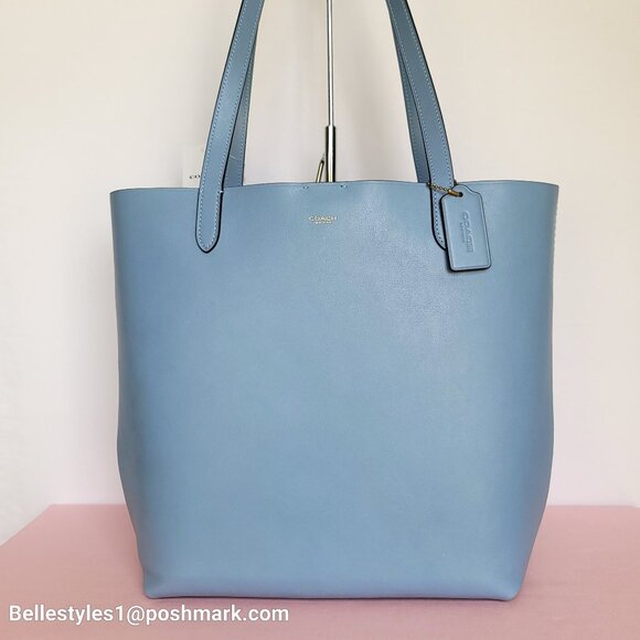COACH Manhattan Natural Grain Leather Open-Top LARGE Tote- Blue Bell color⭐ - Picture 1 of 16
